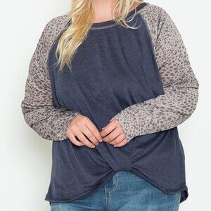 Plus Size Navy/Charcoal Leopard Long Sleeve Print with Hem Knot Top
